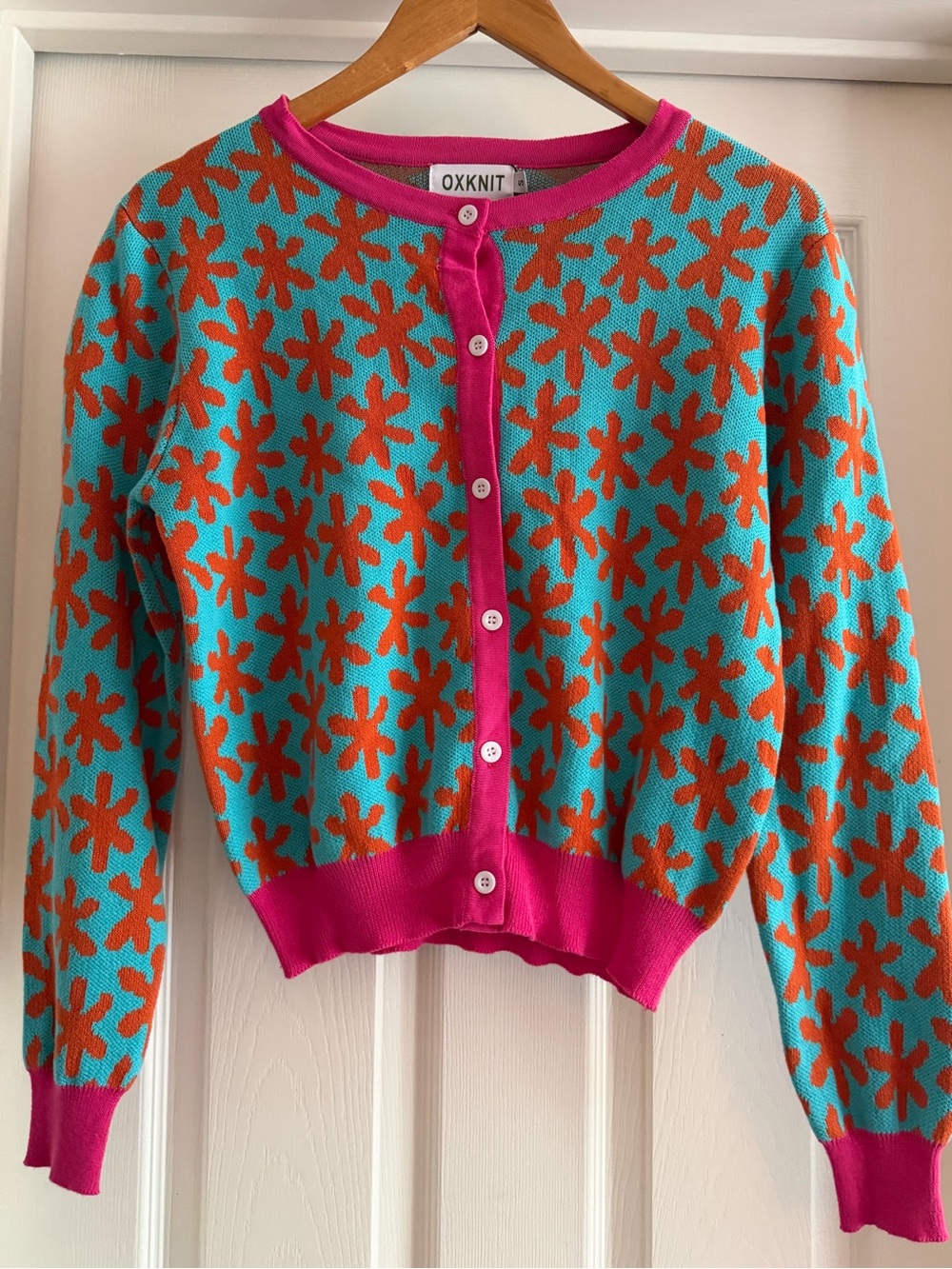 Retro, Turquoise & Orange Floral Pattern Button Cardigan - Pink Trim